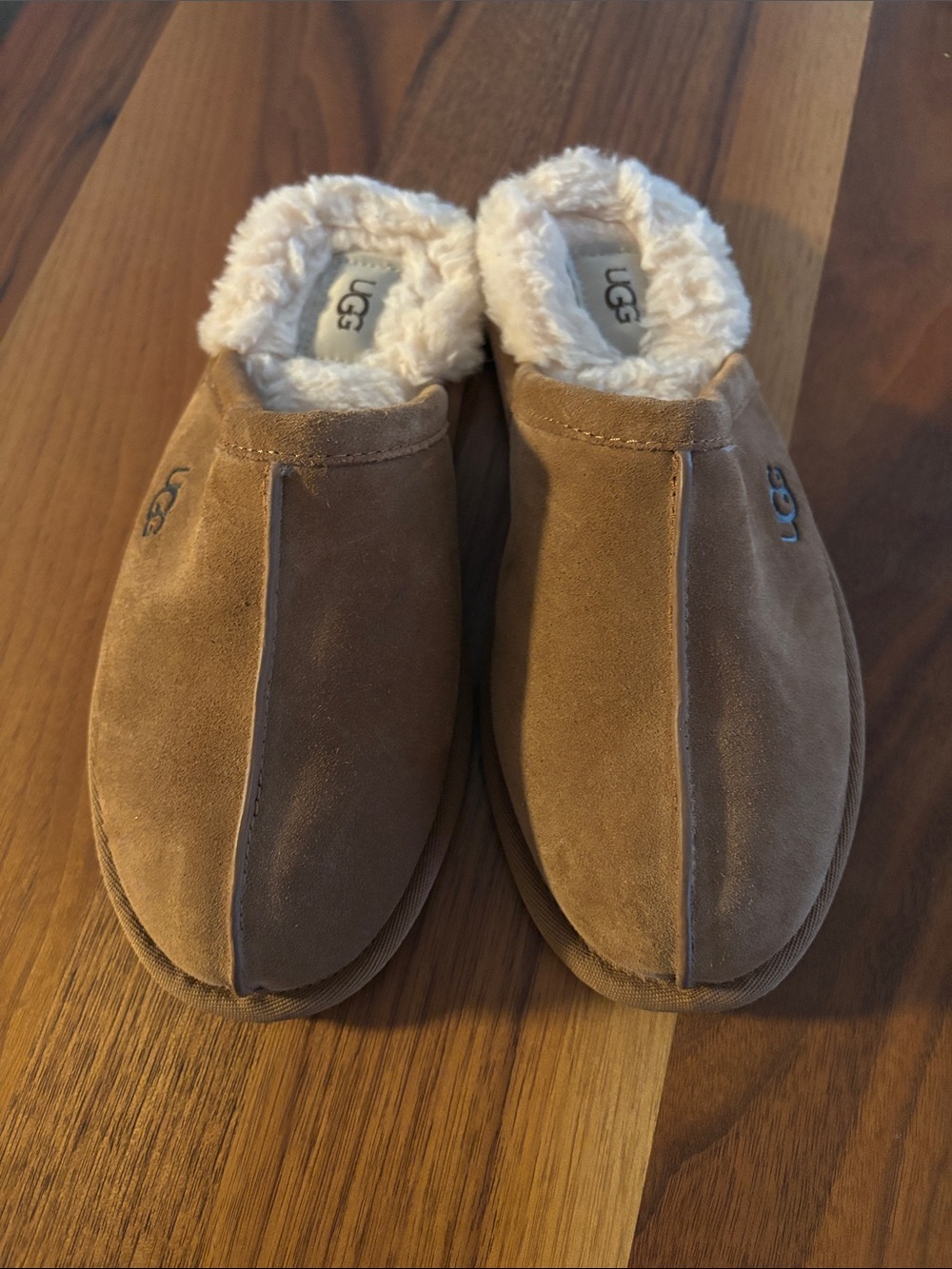 UGG Tan Suede Shearling-Trim Slip-On Slippers